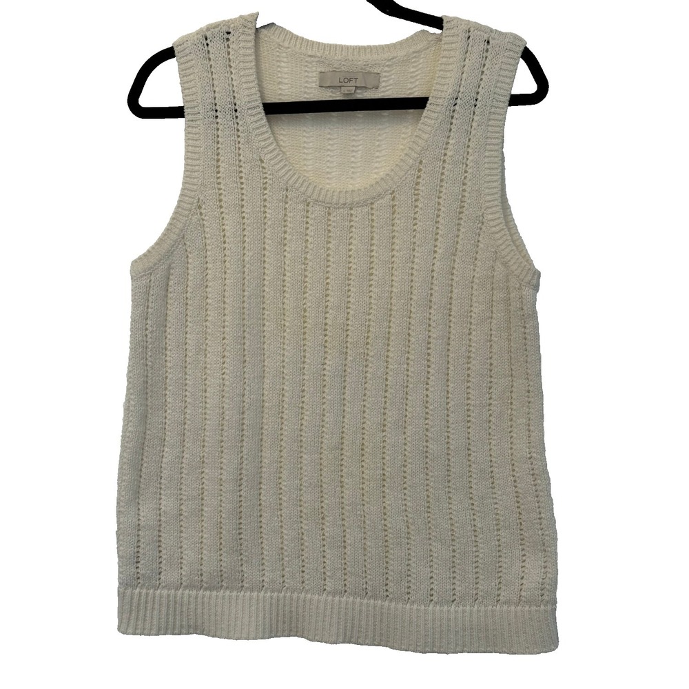 Ann Taylor Loft Ramie Cotton White Knit Crochet Sleeveless Top Tank Vest SzLarge